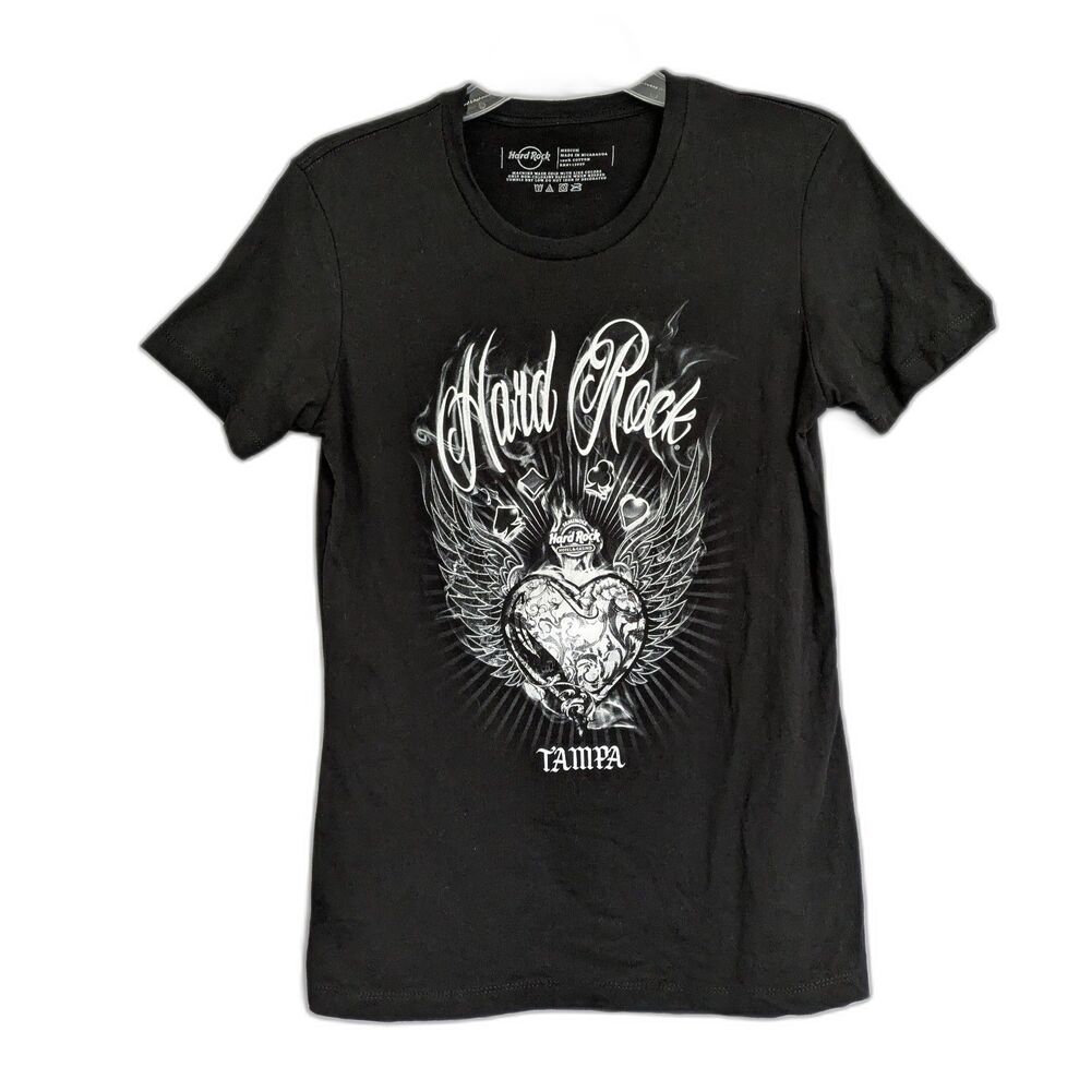 Hard Rock Cafe Tampa Women's Medium Black T-Shirt Heart Wings Graphic Tee